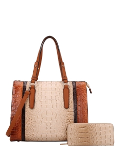 2in1 Alligator Croc Fashion Satchel Bag with Wallet CY-7187W BEIGE